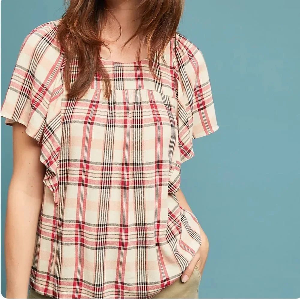 Maeve Anthropologie Size Medium Red Priscilla Plaid Flutter Sleeve Blouse